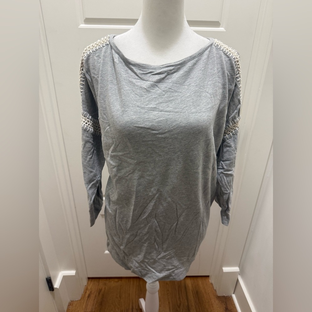 J. Jill. Crochet Detail Knit Shirt. Gray. Size Medium.
